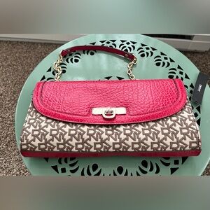 DKNY Beekman Clutch Shoulder Bag Chino Pink Leather Gold Chain Latch Flap